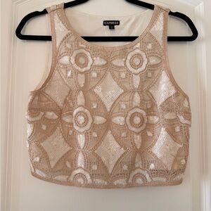 Express Crop Top Tank Sequin Cocktail Party White Beige S Sleeveless